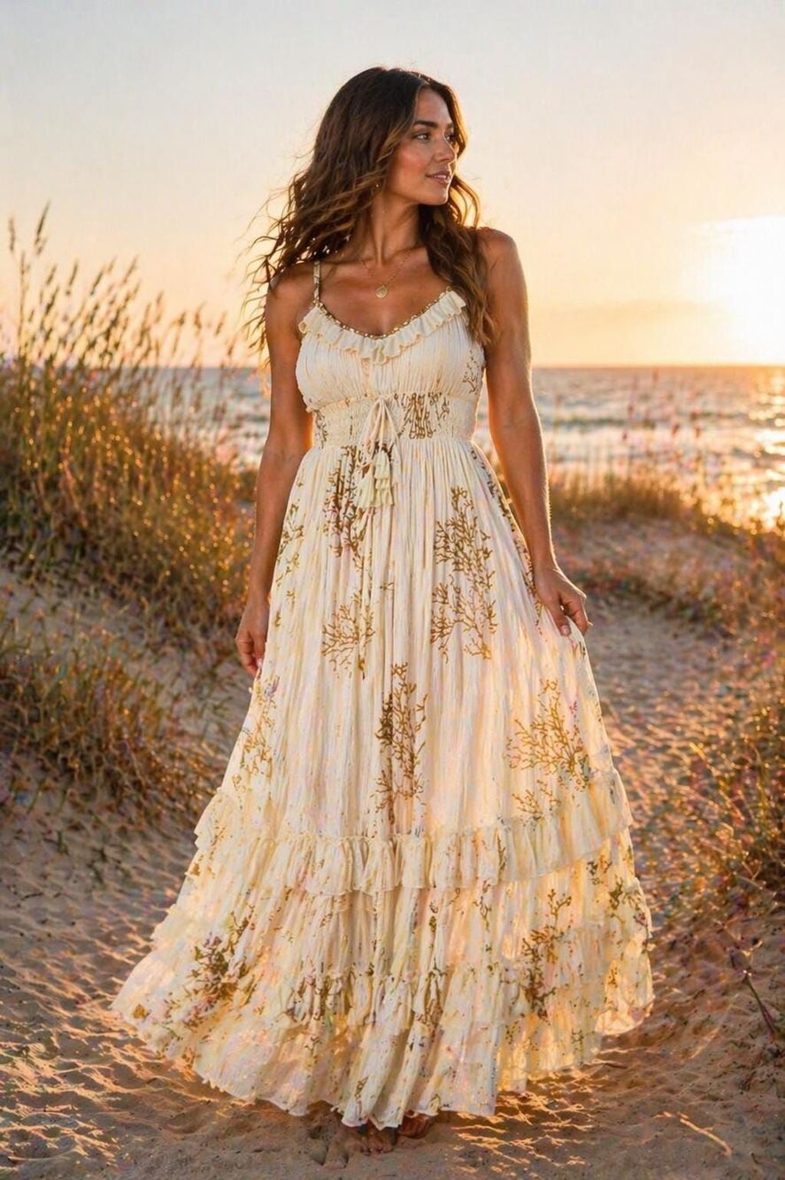 Ivory Boho Maxi Dress Gold Coral Detail, Flowy Coastal dress, Vacation Outfit